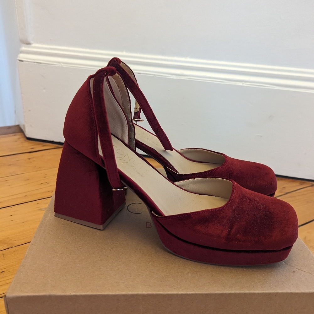 Coconuts by Matisse Misha Burgundy Red Velvet Platform Heels 👠 - Picture 14 of 16